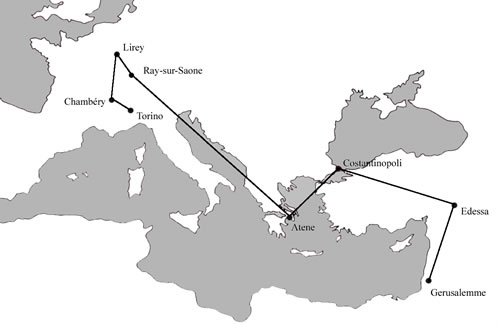 مسار كفن المسيح من أورشليم إلى تورينو، مرورًا بالرّها، القسطنطينيّة، أثينا، راي-سور-سون، ليريه، شامبيري